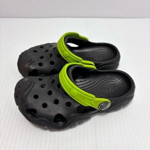 Crocs Kids' Black and Green Clogs Size 10 Toddler